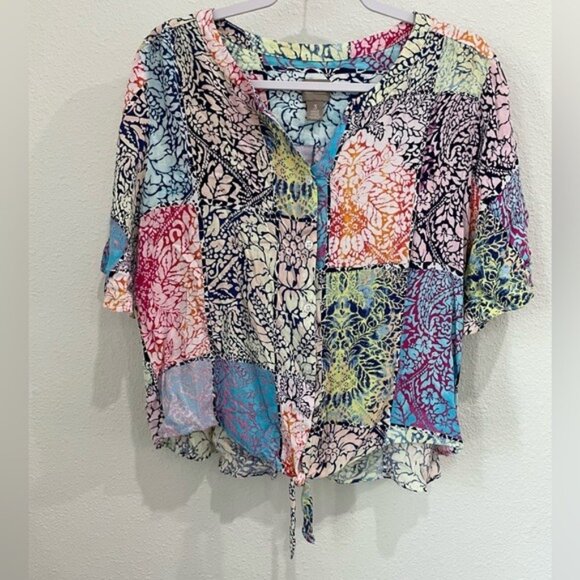 Chico's Tops - Chico’s Colorful Patchwork Blouse Boho Casual Coastal Button Up Short Sleeve
